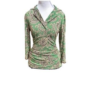 Harold's Vintage Y2K 2000’s Boho Green Paisley Top Ruched Fitted Hips Sz S